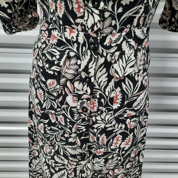 BCBGMAXAZRIA Dress Womens 0 Black White Floral Linen Blend Button Front Midi - Picture 5 of 10
